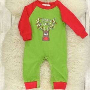 NWT Boys Christmas Reindeer Lights Red Romper with Ragland Sleeve Size 0-3 month